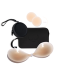 Product shot of sticky Light tint 6cm Headlight Hiders and Silicone Stick-on Bra and durable Silicone Travel Cases in Black and information insert card with wear and care instructions, against a white background showing the thin edges of the Silicone Stick-on Bra