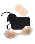 Product shot of sticky Light tint 8cm Headlight Hiders and Silicone Stick-on Bra and durable Silicone Travel Cases in Black and information insert card with wear and care instructions, against a white background showing the thin edges of the Silicone Stick-on Bra