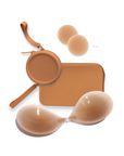 Product shot of reusable Medium tint 6cm Headlight Hiders and Silicone Travel Case for Headlight Hiders and a Silicone Travel Case for a sticky Stick-on Bra in Medium Nude with a removable strap and zipper detail, against a white background showing the thin edges of the Headlight Hiders