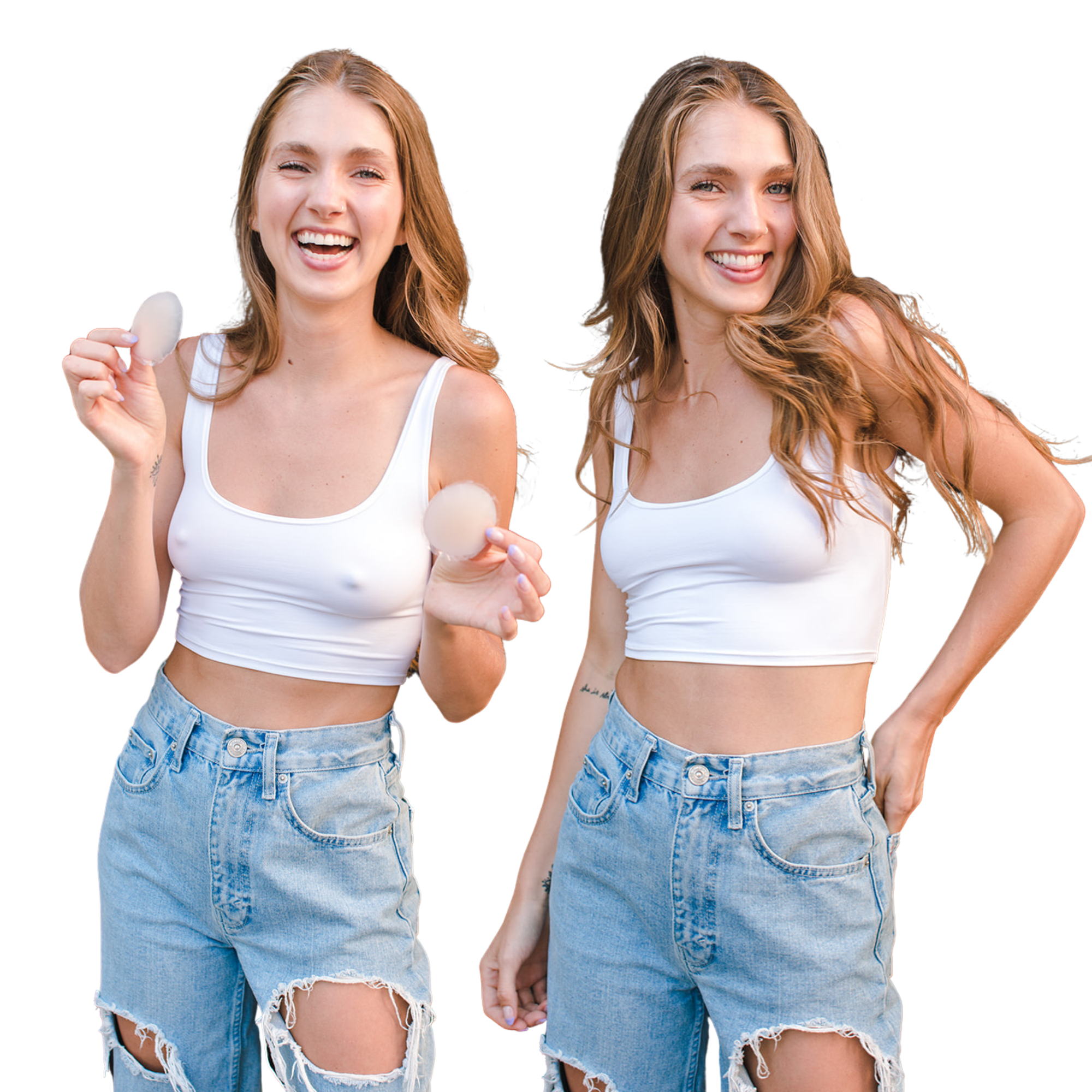 Before-and-after comparison wearing nipple covers under a white crop top. On the left, her nipples are visible through the top; on the right, the covers create a smooth look.
