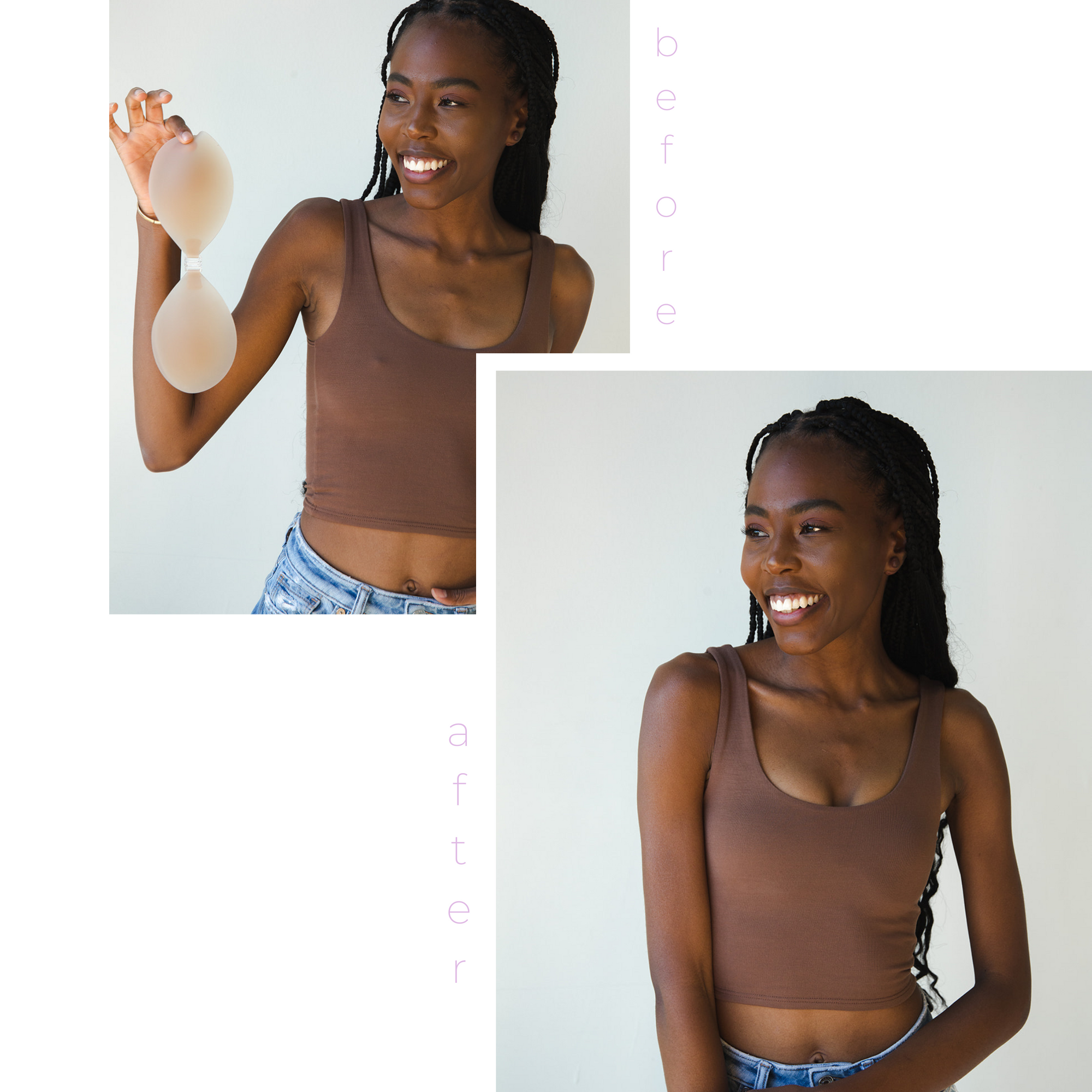 Product shot of Dark tint Silicone Stick-on Bra size A-cup on dark-skinned model, before and after shot under a fitted NŪD Devon Tank, showing that more cleavage and definition is created when wearing the Silicone Stick-on Bra while looking natural and seamless