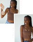 Product shot of Dark tint Silicone Stick-on Bra size A-cup on dark-skinned model, before and after shot under a fitted NŪD Devon Tank, showing that more cleavage and definition is created when wearing the Silicone Stick-on Bra while looking natural and seamless