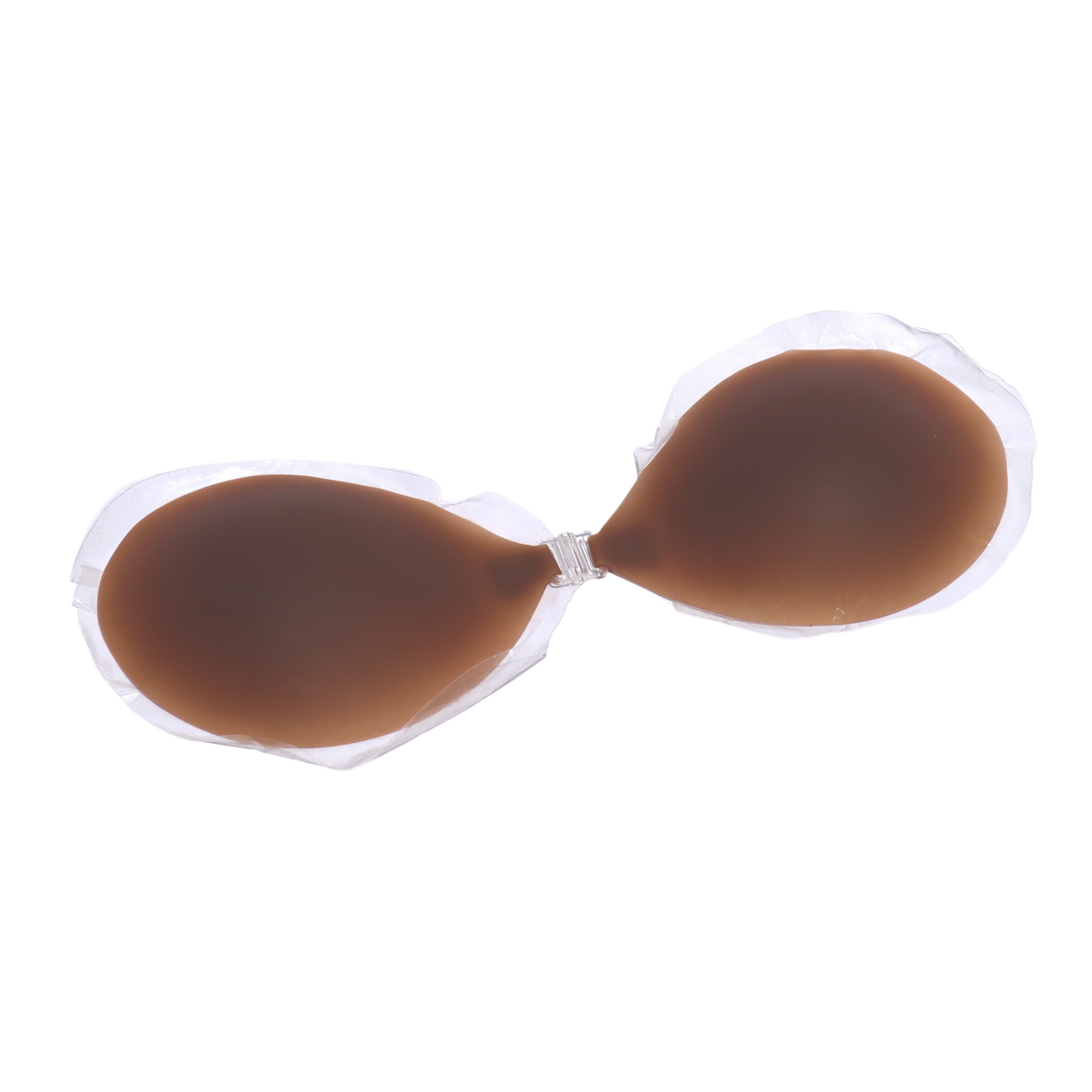 Product shot of a sticky and reusable Dark tint Silicone Stick-on Bra laying flat against white background, close-up shot showing clasp and thin edge of the Silicone Stick-on Bra