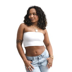 Product shot of NŪD Apparel Hunter Double-Layered Bandeau, strapless, cropped and seamless style, made of bamboo fabric produced in California, in White on medium-skinned model paired with light-wash jeans, front shot