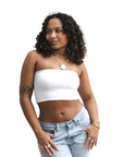 Product shot of NŪD Apparel Hunter Double-Layered Bandeau, strapless, cropped and seamless style, made of bamboo fabric produced in California, in White on medium-skinned model paired with light-wash jeans, front shot