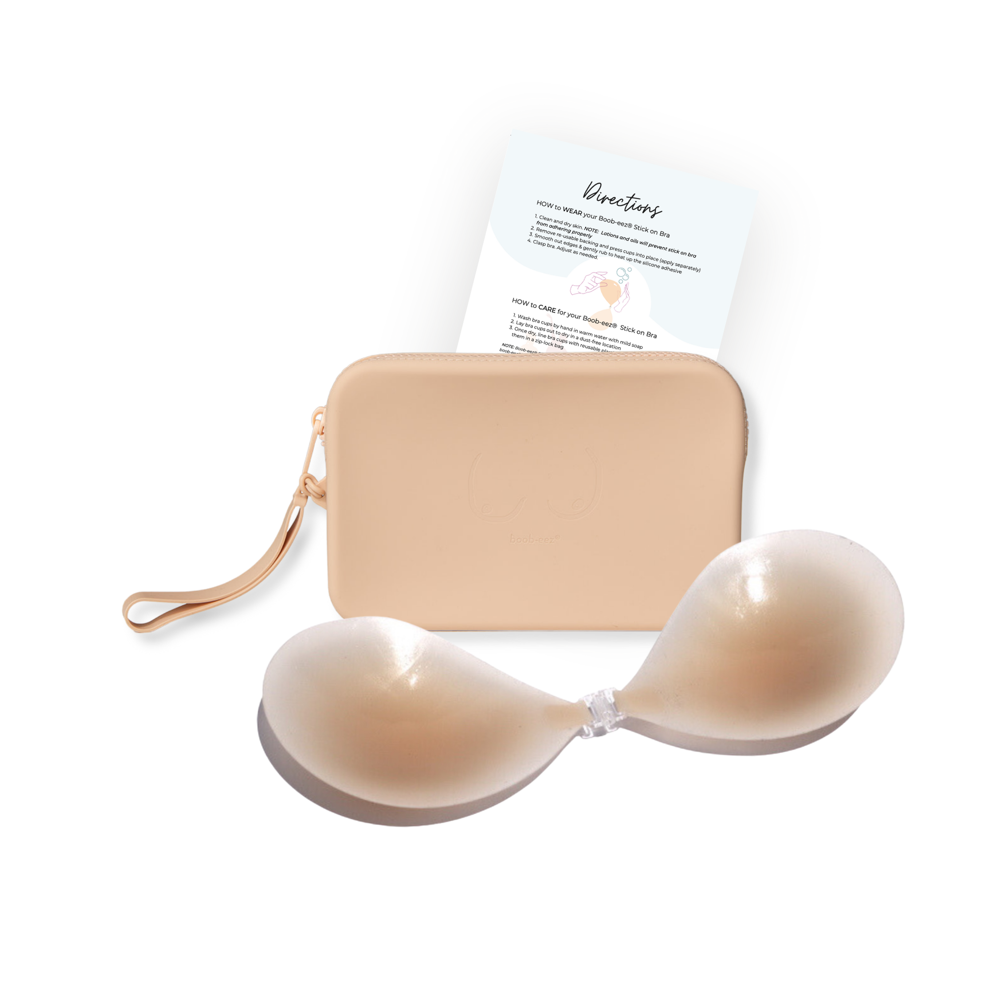 Product shot of sticky Light tint Silicone Stick-on Bra and durableSilicone Travel Case for Silicone Stick-on Bras in Light Nude and information insert card with wear and care instructions, against a white background showing the thin edges of the Silicone Stick-on Bra