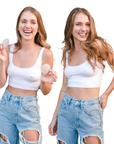 Before-and-after comparison wearing nipple covers under a white crop top. On the left, her nipples are visible through the top; on the right, the covers create a smooth look.