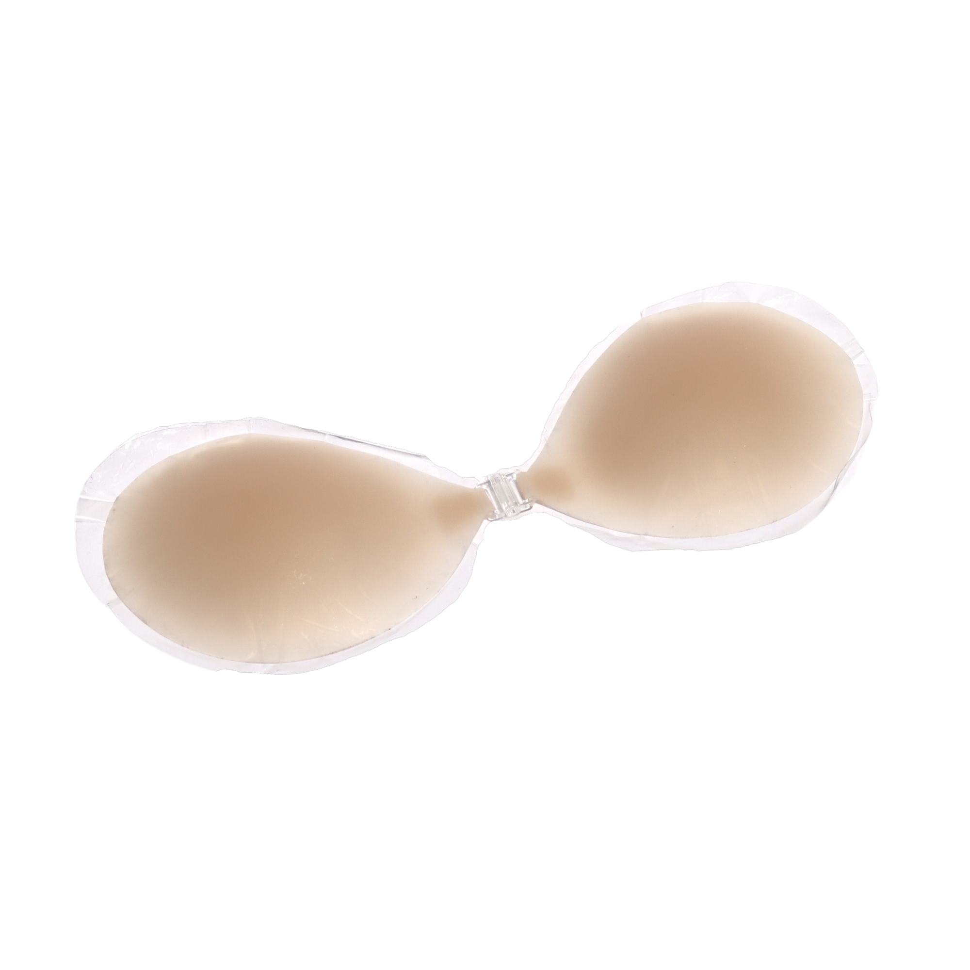 Product shot of the Boob-eez reusable and sticky Light tint Silicone Stick-on Bra laying flat against a white background, close-up shot showing the clasp and razor thin edge of the Silicone Stick-on Bra