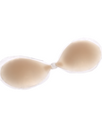 Product shot of the Boob-eez reusable and sticky Light tint Silicone Stick-on Bra laying flat against a white background, close-up shot showing the clasp and razor thin edge of the Silicone Stick-on Bra