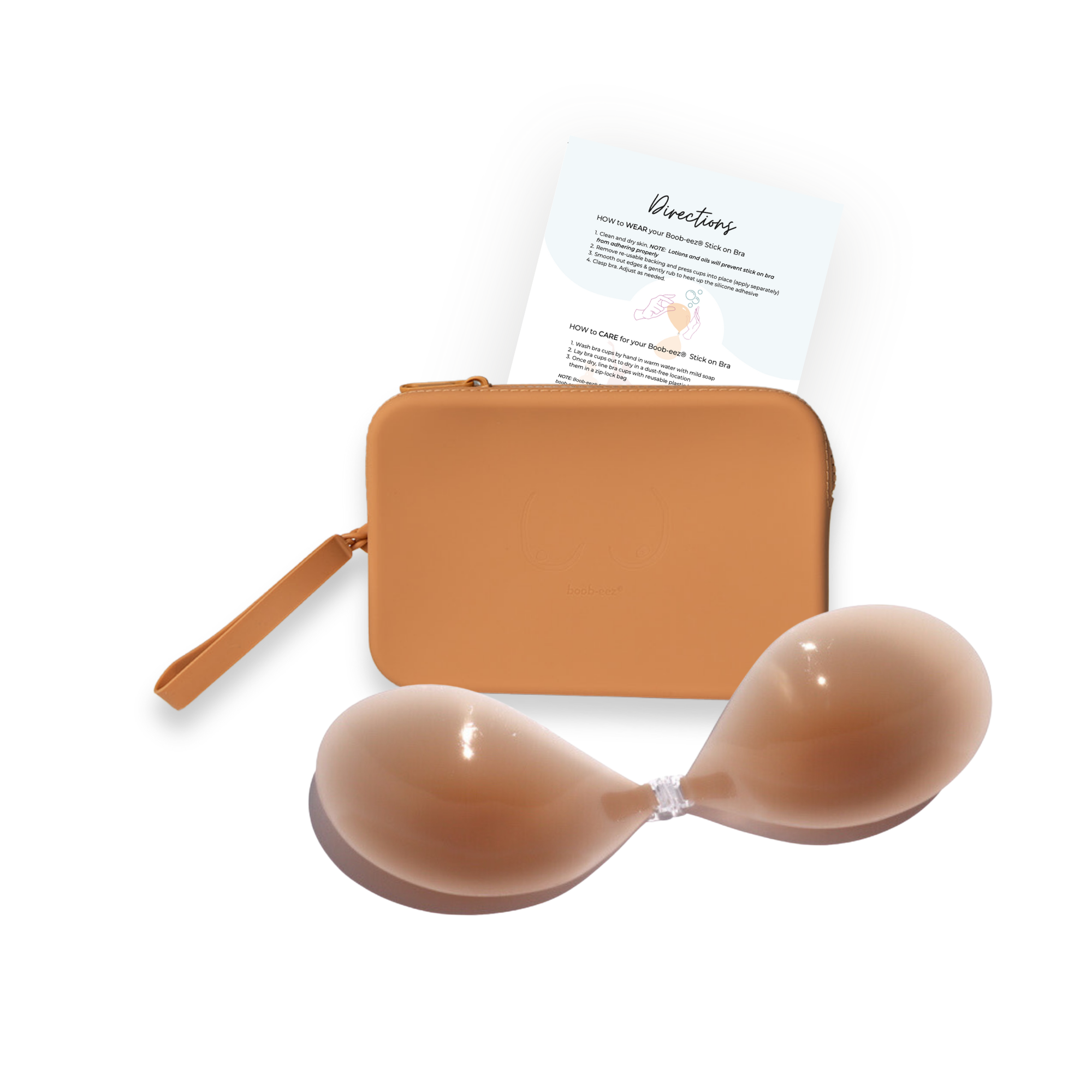 Product shot of sticky Medium tint Silicone Stick-on Bra and durable Silicone Travel Case for Silicone Stick-on Bra in Medium Nude and an information insert card with wear and care instructions, against a white background showing the razor thin edges of the Silicone Stick-on Bra