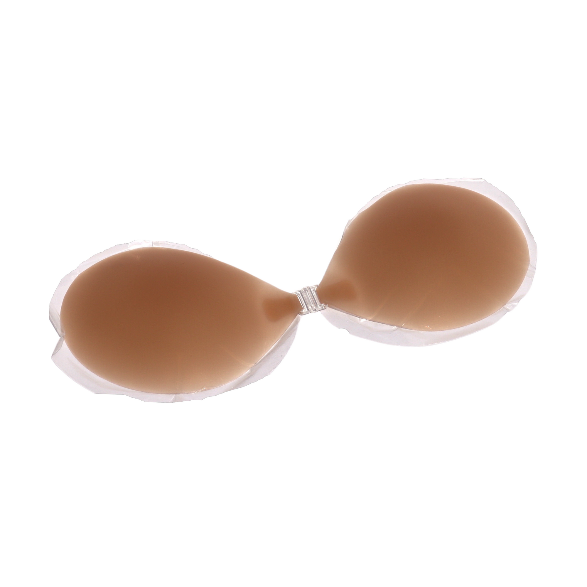 Product shot of reusable and sticky Medium tint Silicone Stick-on Bra laying flat on white background showing the razor thin edge of the Silicone Stick-on Bra