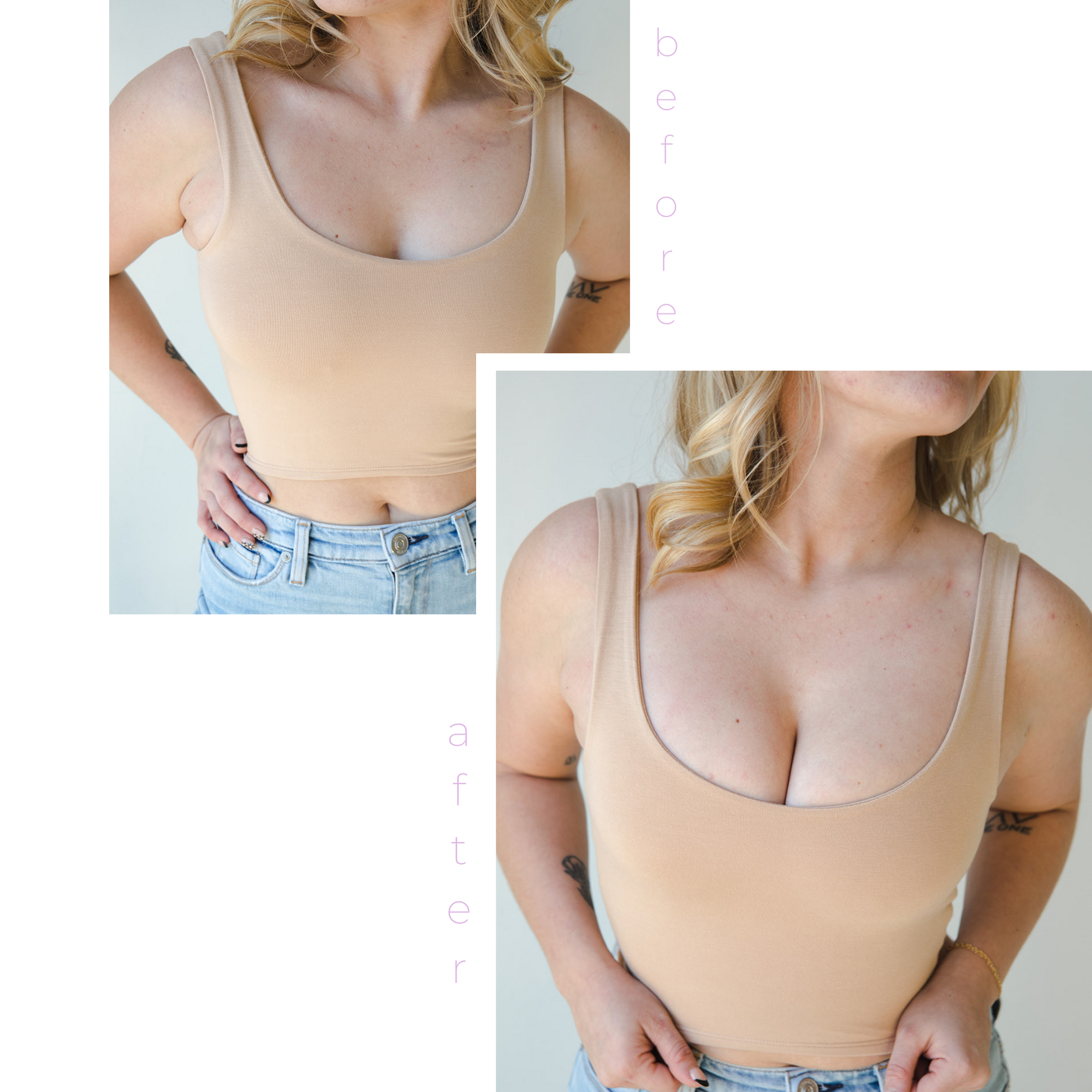 Product shot of Light tint Silicone Stick-on Bra size D-cup on fair-skinned model, wearing fitted Devon Crop Tank, before and after showing there is more cleavage and definition while looking natural without extra padding when wearing the Silicone Stick-on Bra