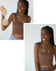 Product shot of Dark tint Silicone Stick-on Bra size A-cup on dark-skinned model, before and after shot under a fitted NŪD Devon Tank, showing that more cleavage and definition is created when wearing the Silicone Stick-on Bra while looking natural and seamless