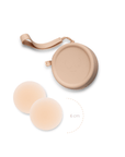 Product shot of reusable Light tint 6cm Headlight Hiders and a durable Silicone Travel Case for sticky Headlight Hiders in Light Nude with removable strap and zipper detail, against a white background showing the thin edges of the Headlight Hiders