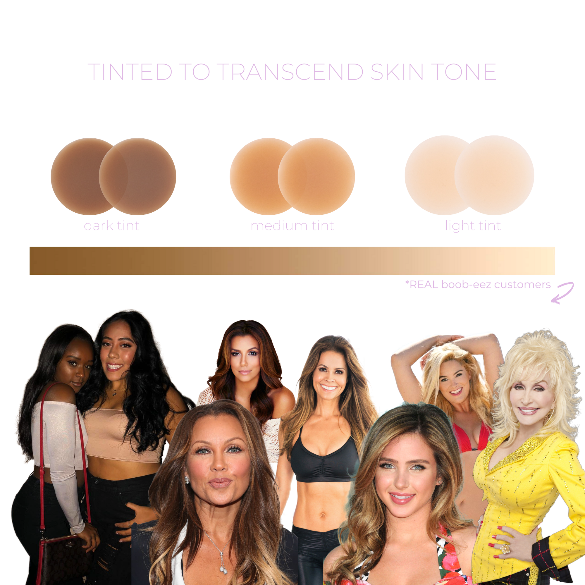 Three circular swatches labeled dark, medium, and light tint shown above a gradient; eight women of varying skin tones are pictured below.