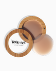 Product shot of Boob-eez Bamboo Compact with 6cm Medium tint Headlight Hiders inside and informative insert cards with wear and care instructions, close-up shot showing how to open and close the Bamboo Compact