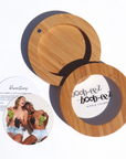 Product shot of the Boob-eez Bamboo Compact Case and informative insert cards with wear and care instructions, close-up front shot showing the beautiful wood grain, magnetic closure, and translucent window to display your Headlight Hiders