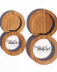 Product shot of the Boob-eez Bamboo Compact Cases size 6cm and 8cm, comparing the size difference, close-up front shot showing the size options for the 6cm and 8cm Headlight Hiders to be stored inside