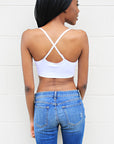 Product shot of Boob-eez Lace Edge Bralette in White, with adjustable and convertible straps, wear as racerback or front to back, back shot