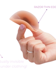 A hand holds a thin, flexible, skin-toned silicone nipple cover between two fingers. Text on the image highlights "razor thin edges" and describes the product as "virtually invisible under clothing."
