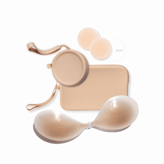 Product shot of sticky Light tint, Medium tint, and Dark tint 6cm Headlight Hiders and Silicone Stick-on Bra and durable Silicone Travel Cases in Light Nude, Medium Nude, and Dark Nude; information insert card with wear and care instructions, against a white background showing the thin edges of the Silicone Stick-on Bra