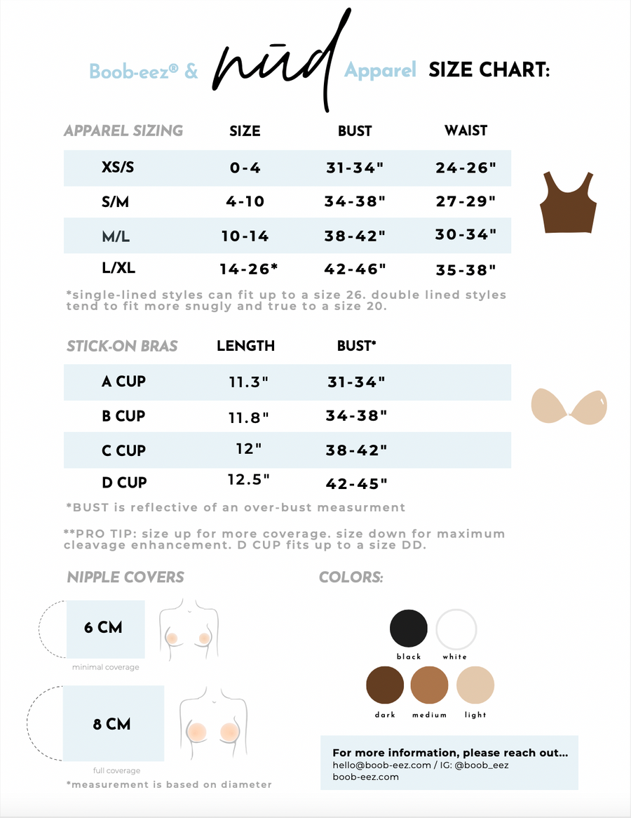Pasties sixe chart - dimmers size chart - Boob-eez and NŪD Apparel Size Chart 