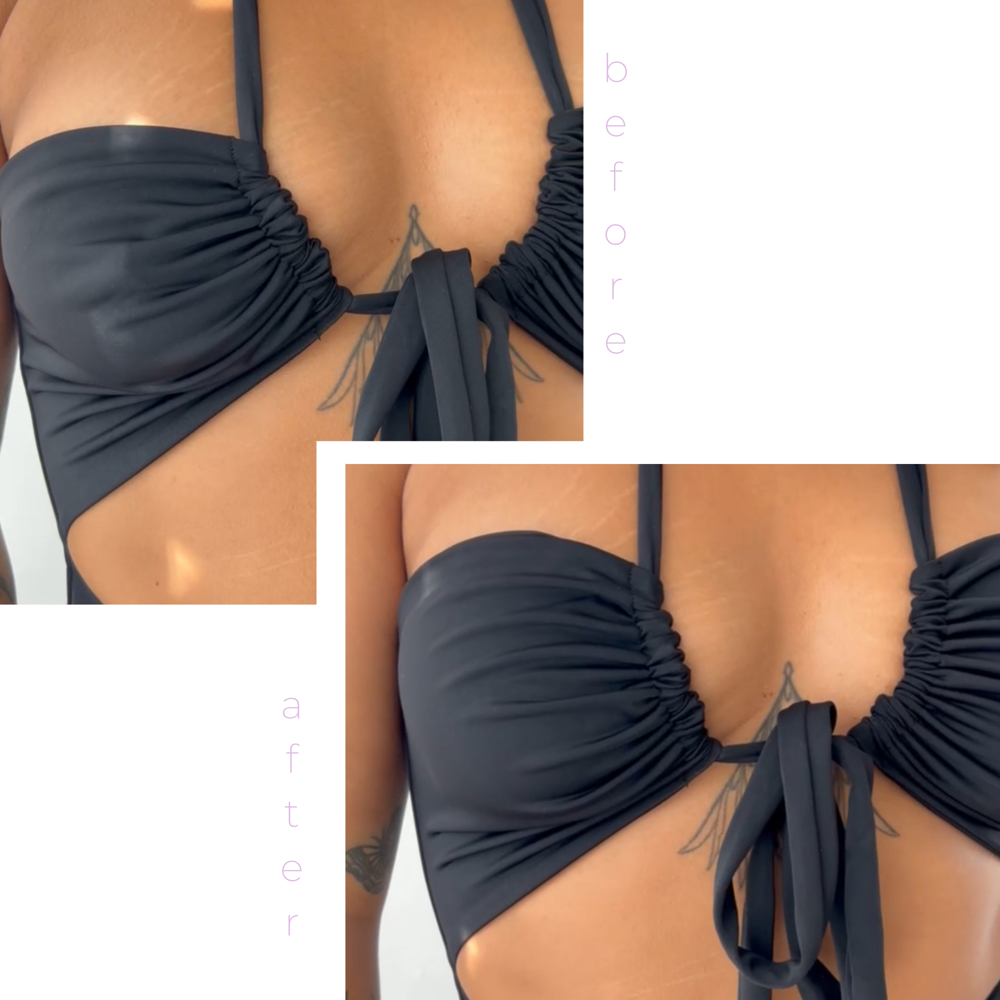Product shot of 6cm Headlight Hiders on fair-skinned model, wearing a bathing suit showing you can wear the Headlight Hiders underneath swimwear and go into water, close-up shot showing seamless and natural look
