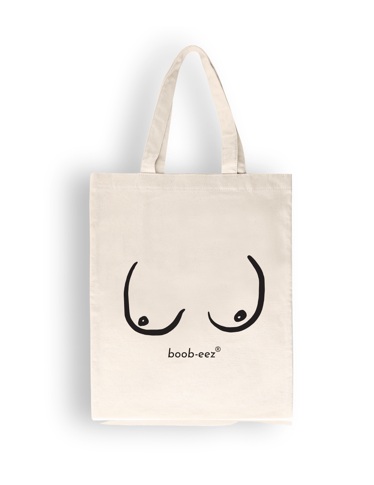 Product shot of our Boob-eez branded tote bag made of unbleached cotton, amazing for running errands, carrying your school supplies, and taking to the beach