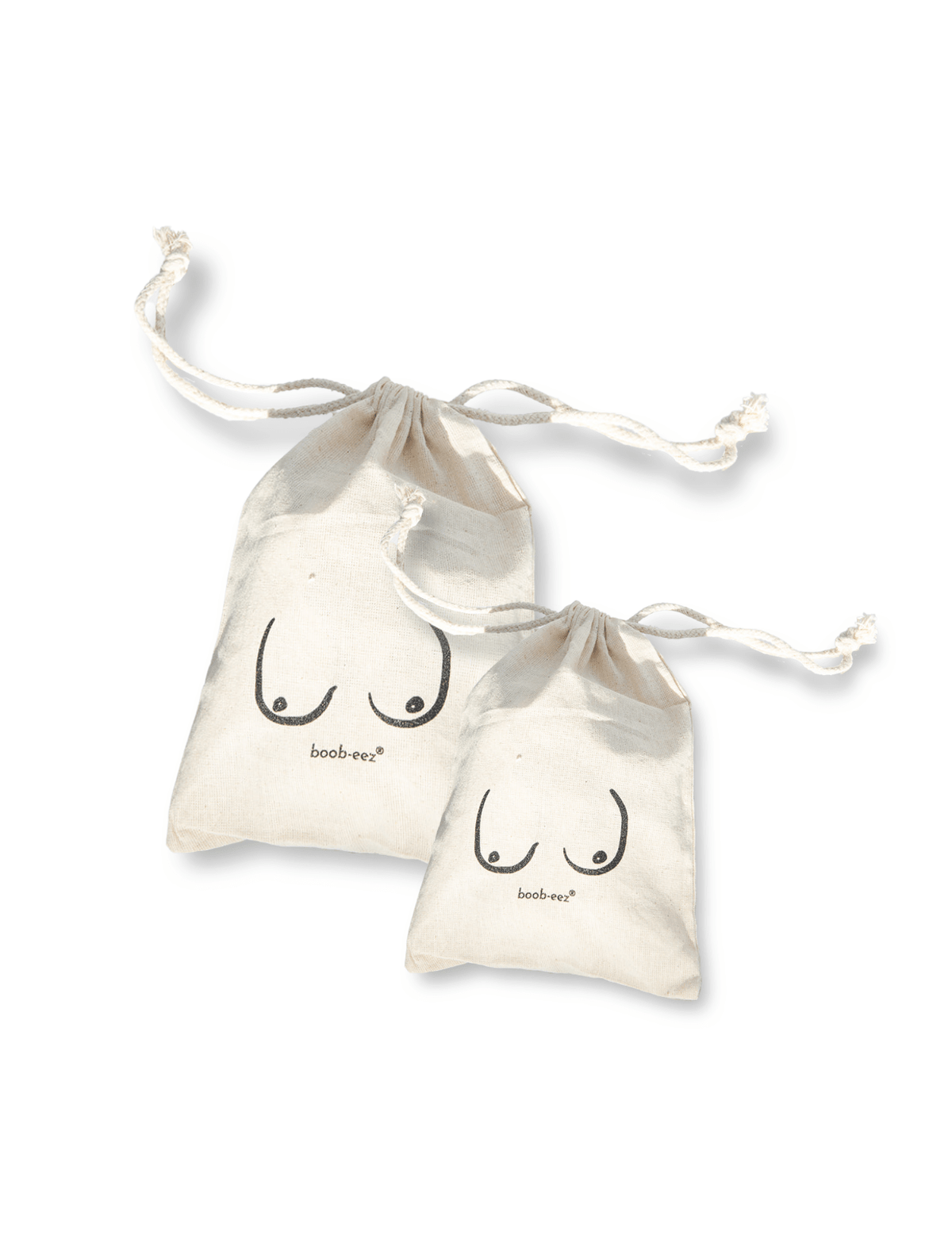 Products shot of our Boob-eez branded unbleached cotton drawstring pouches, comparing the sizes 5 x 7 - ideal for nipple cover compacts and 6 x 9 - ideal for Boob-eez®'s silicone stick on bras