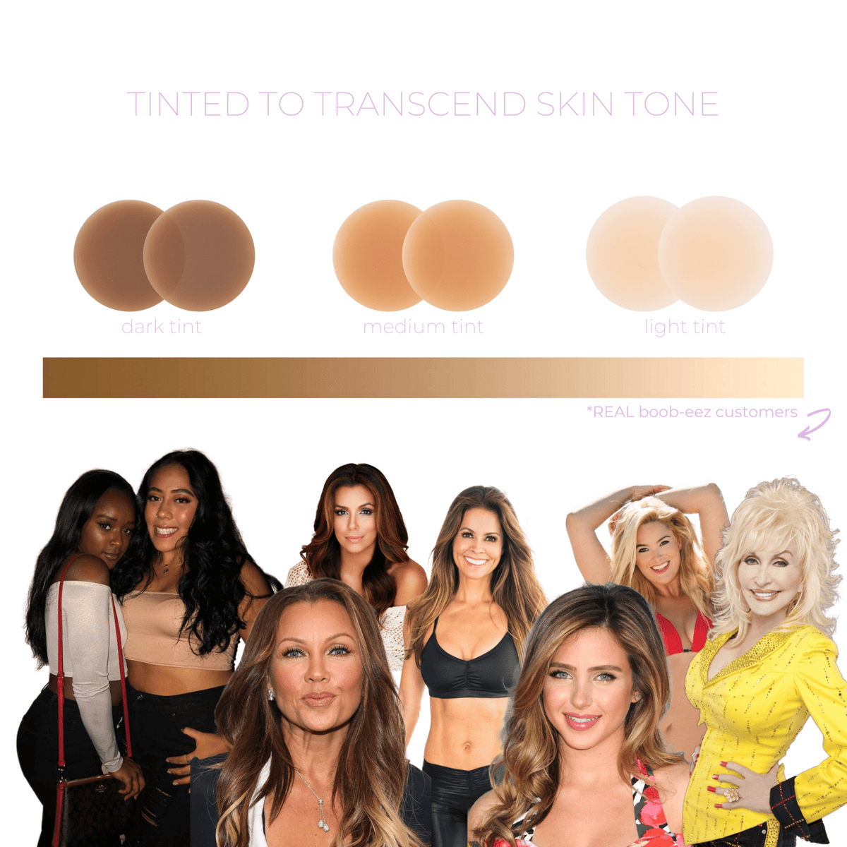 Three circular swatches labeled dark, medium, and light tint shown above a gradient; eight women of varying skin tones are pictured below.