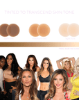 Three circular swatches labeled dark, medium, and light tint shown above a gradient; eight women of varying skin tones are pictured below.