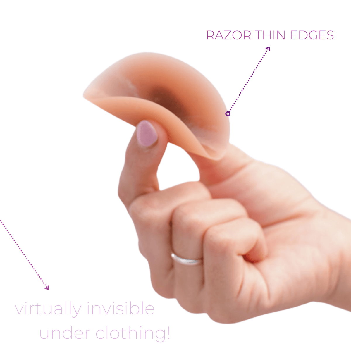 A hand holds a thin, flexible, skin-toned silicone nipple cover between two fingers. Text on the image highlights "razor thin edges" and describes the product as "virtually invisible under clothing."