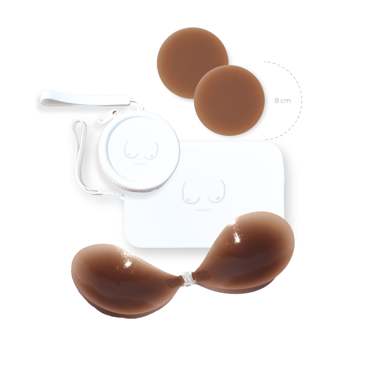 Product shot of reusable Dark tint 8cm Headlight Hiders and Silicone Travel Case for Headlight Hiders and Silicone Travel Case for a Stick-on Bra in White with a removable strap and zipper detail, against a white background showing the thin edges of the Headlight Hider