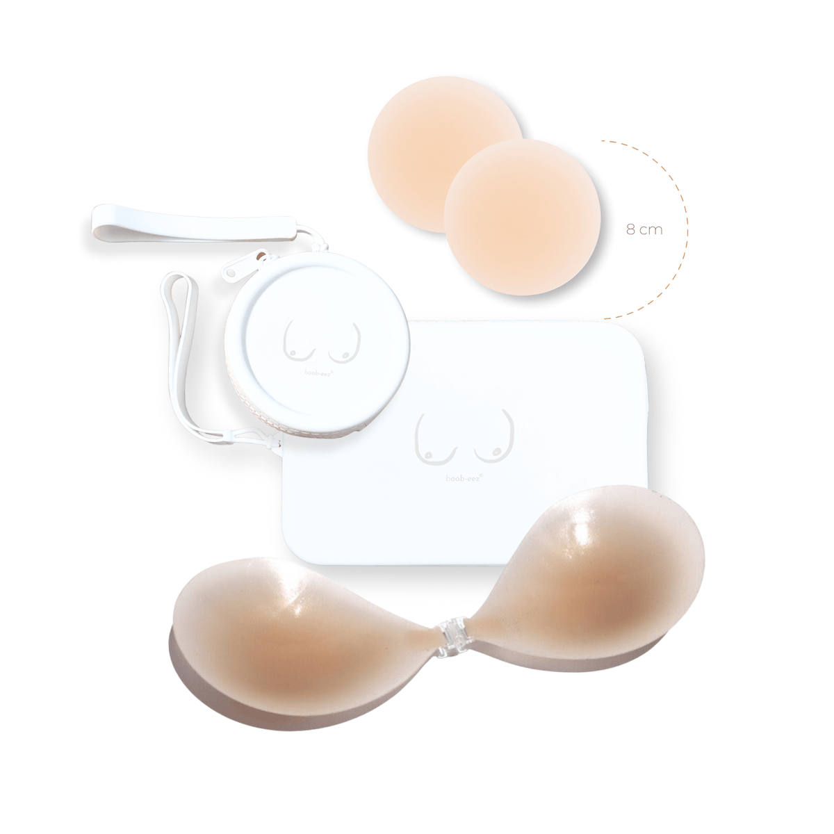 Product shot of reusable Light tint 8cm Headlight Hiders and Silicone Travel Case for Headlight Hiders and a Silicone Travel Case for a sticky Stick-on Bra in White with a removable strap and zipper detail, against a white background showing the thin edges of the Headlight Hiders