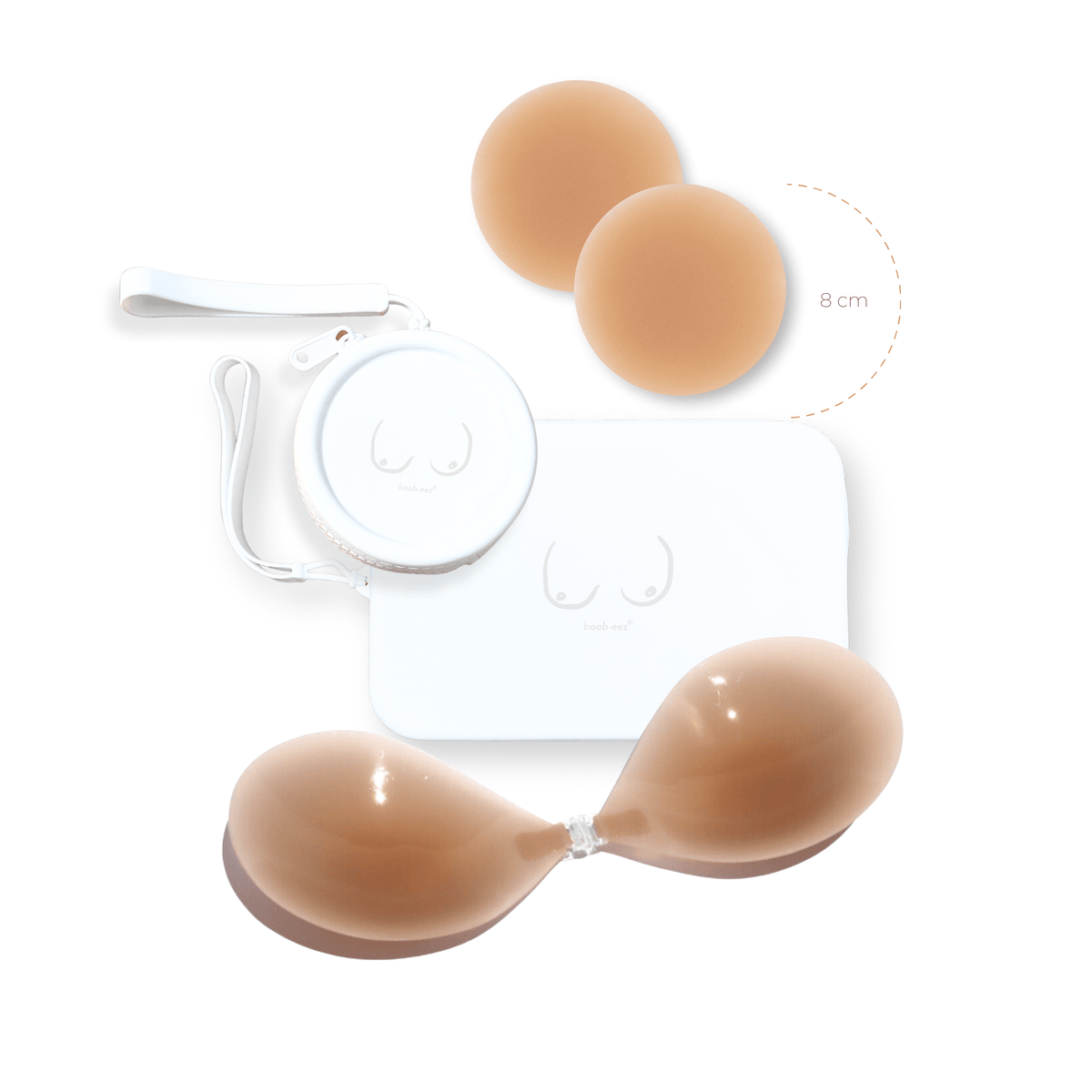 Product shot of reusable Medium tint 8cm Headlight Hiders and Silicone Travel Case for Headlight Hiders and Silicone Travel Case for Stick-on Bras in White with a removable strap and zipper detail, against a white background showing the thin edges of the Headlight Hiders