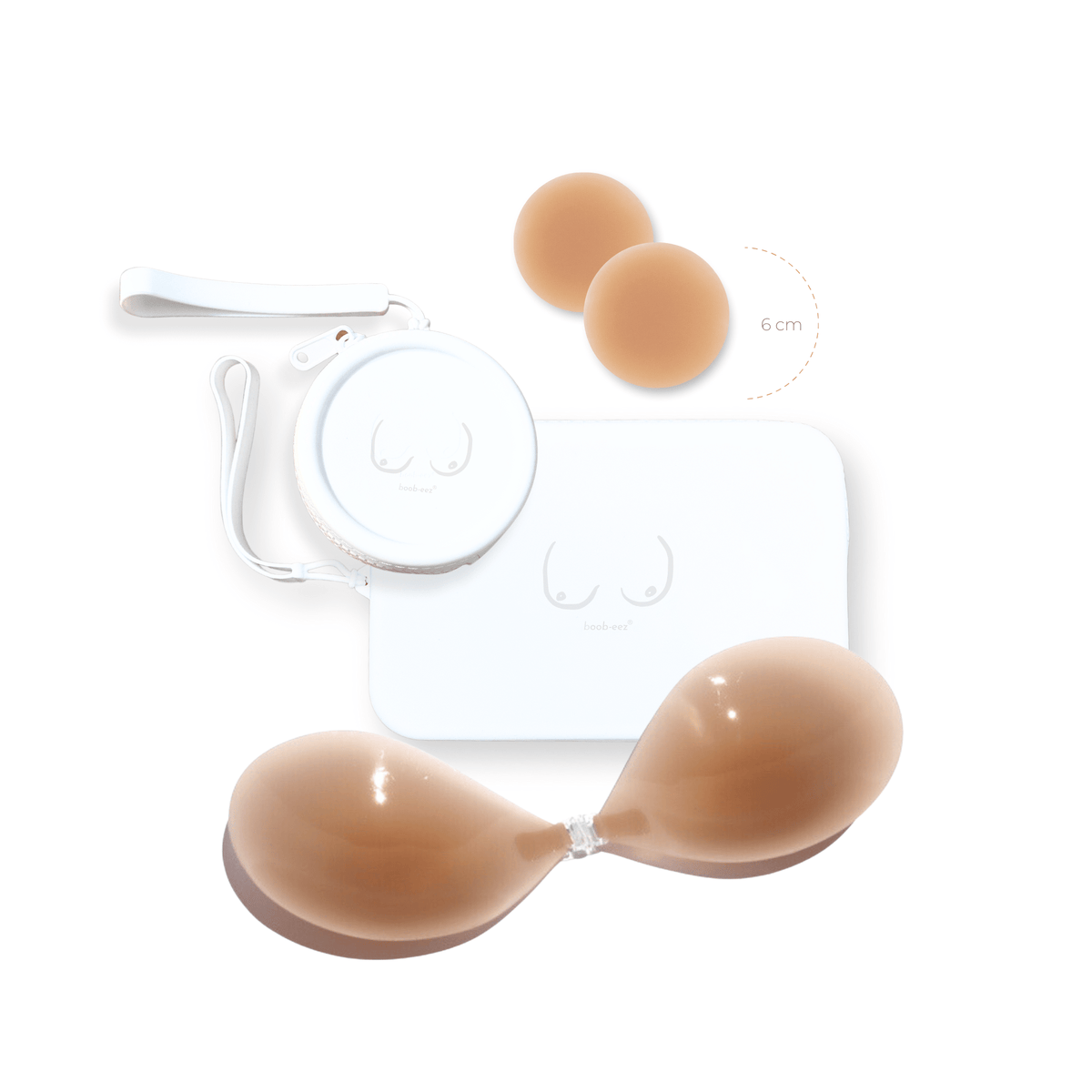 Product shot of reusable Medium tint 6cm Headlight Hiders and Silicone Travel Case for Headlight Hiders and Silicone Travel Case for Stick-on Bras in White with a removable strap and zipper detail, against a white background showing the thin edges of the Headlight Hiders