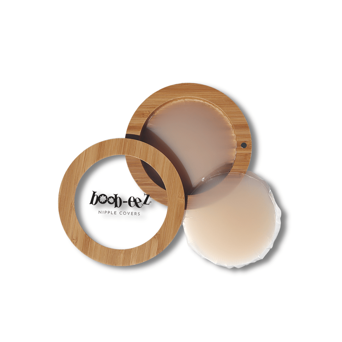 Luxe Combo in Light Nude: Boob-eez reusable silicone nipple covers with a bamboo compact case