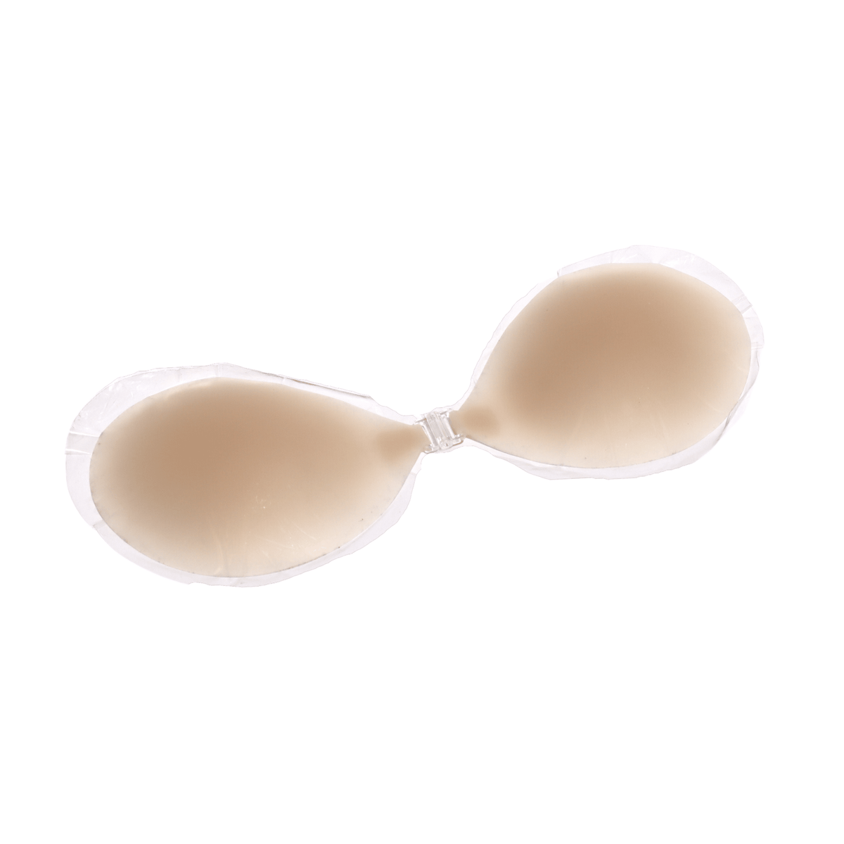 Product shot of the Boob-eez reusable and sticky Light tint Silicone Stick-on Bra laying flat against a white background, close-up shot showing the clasp and razor thin edge of the Silicone Stick-on Bra