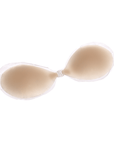 Product shot of the Boob-eez reusable and sticky Light tint Silicone Stick-on Bra laying flat against a white background, close-up shot showing the clasp and razor thin edge of the Silicone Stick-on Bra