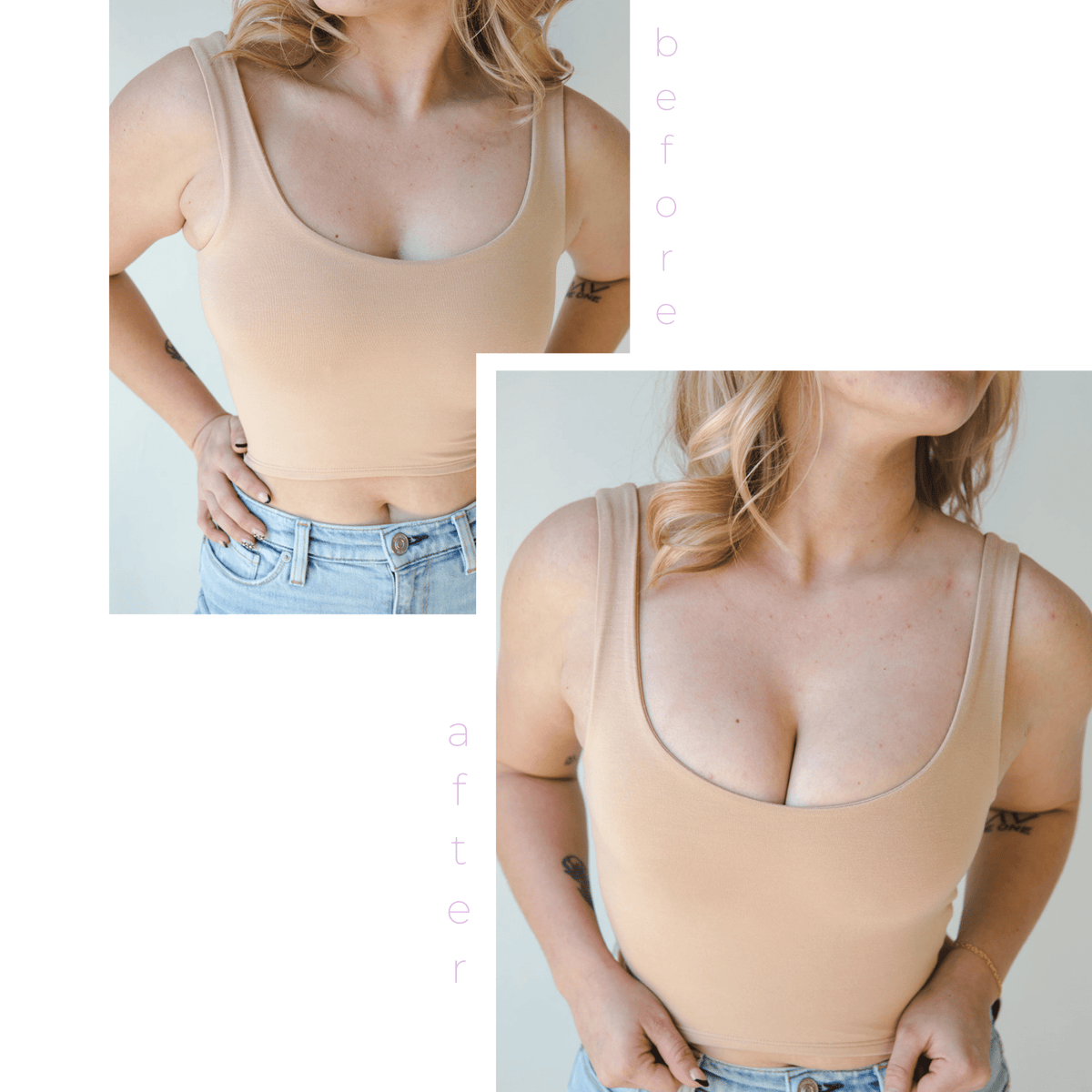 Product shot of Light tint Silicone Stick-on Bra size D-cup on fair-skinned model, wearing fitted Devon Crop Tank, before and after showing there is more cleavage and definition while looking natural without extra padding when wearing the Silicone Stick-on Bra