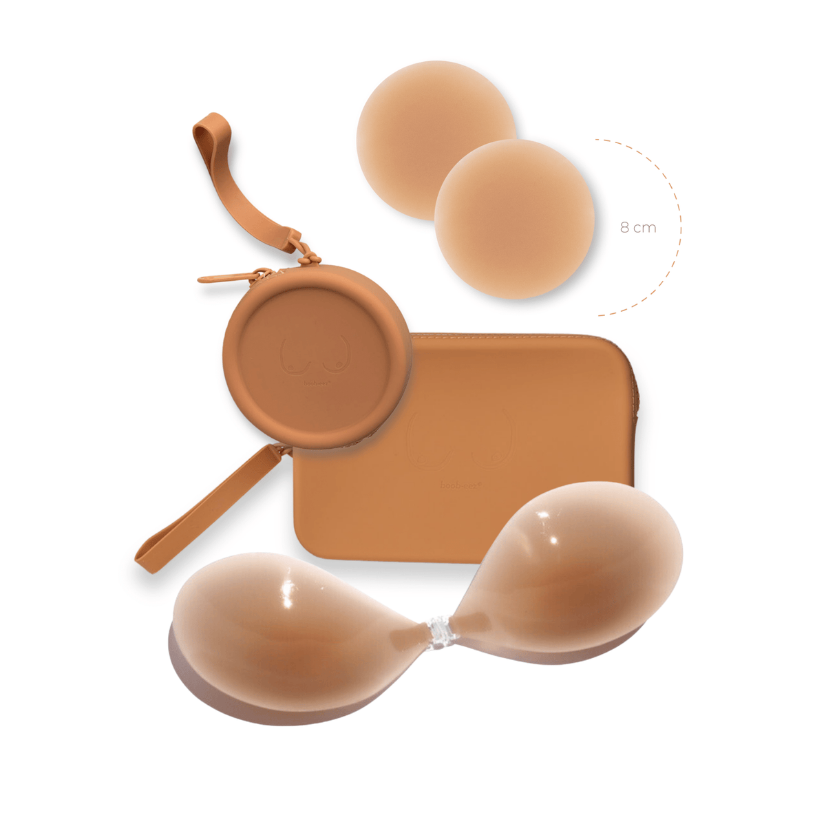Product shot of reusable Medium tint 8cm Headlight Hiders and Silicone Travel Case for Headlight Hiders and a Silicone Travel Case for a sticky Stick-on Bra in Medium Nude with a removable strap and zipper detail, against a white background showing the thin edges of the Headlight Hiders