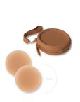 Product shot of reusable Medium tint 8cm Headlight Hiders and Silicone Travel Case for sticky Headlight Hiders in Medium Nude with a removable strap and zipper detail, against a white background showing the thin edges of the Headlight Hiders