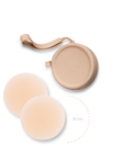 Product shot of reusable Light tint 8cm Headlight Hiders and Silicone Travel Case for sticky Headlight Hiders in Light Nude with removable strap and zipper detail, against a white background showing the thin edges of the Headlight Hiders
