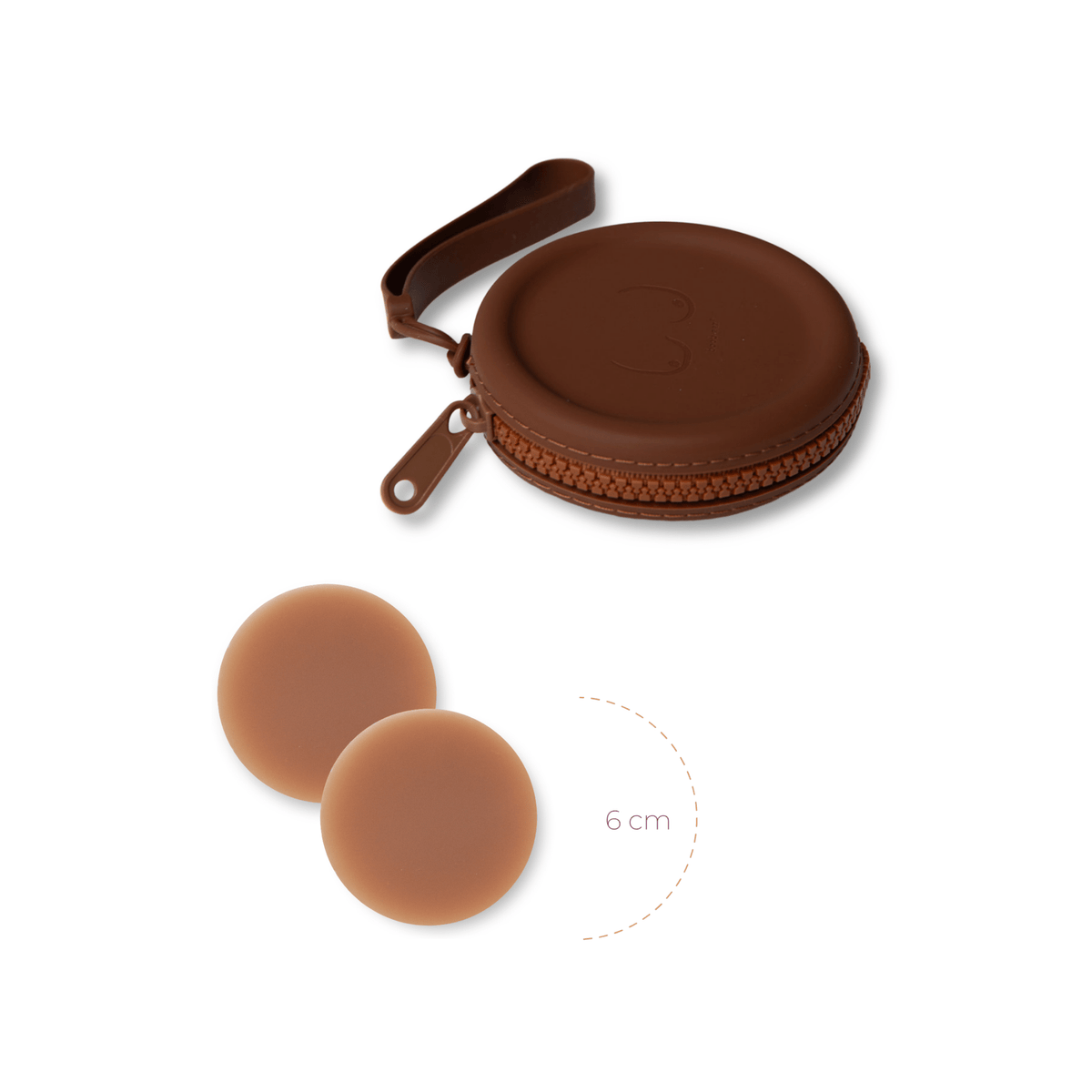 Product shot of reusable Dark tint 6cm Headlight Hiders and Silicone Travel Case for sticky Headlight Hiders in Dark Nude with a removable strap and zipper detail, against a white background showing the thin edges of the Headlight Hiders