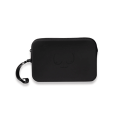 Product shot of our durable Silicone Travel Case for the Silicone Stick-on Bra in Black, close-up shot showing the Boob-eez branded case and removable strap