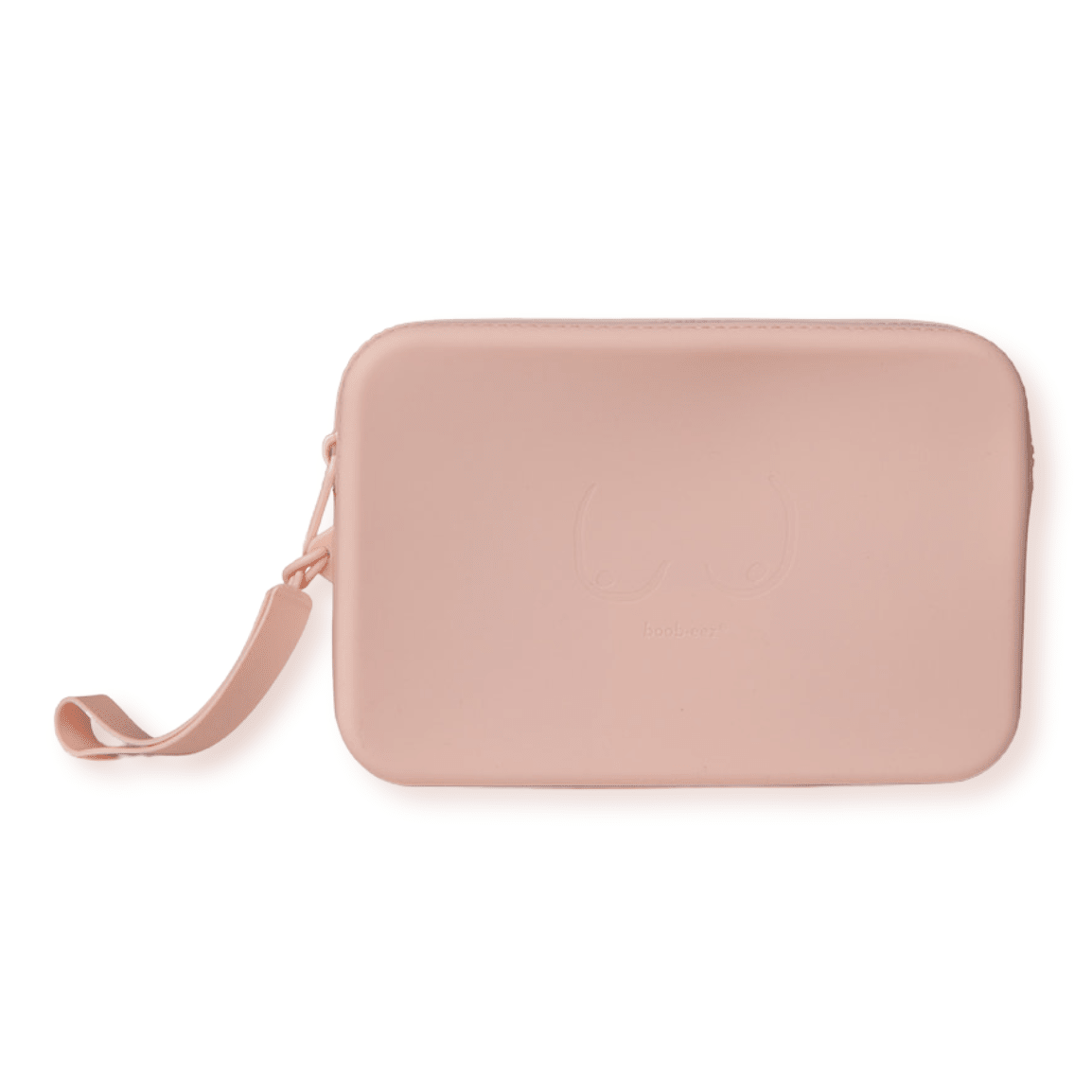 Product shot of our durable Silicone Travel Case for the Silicone Stick-on Bra in Dusty Pink, close-up shot showing the Boob-eez branded case and removable strap