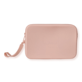 Product shot of our durable Silicone Travel Case for the Silicone Stick-on Bra in Dusty Pink, close-up shot showing the Boob-eez branded case and removable strap