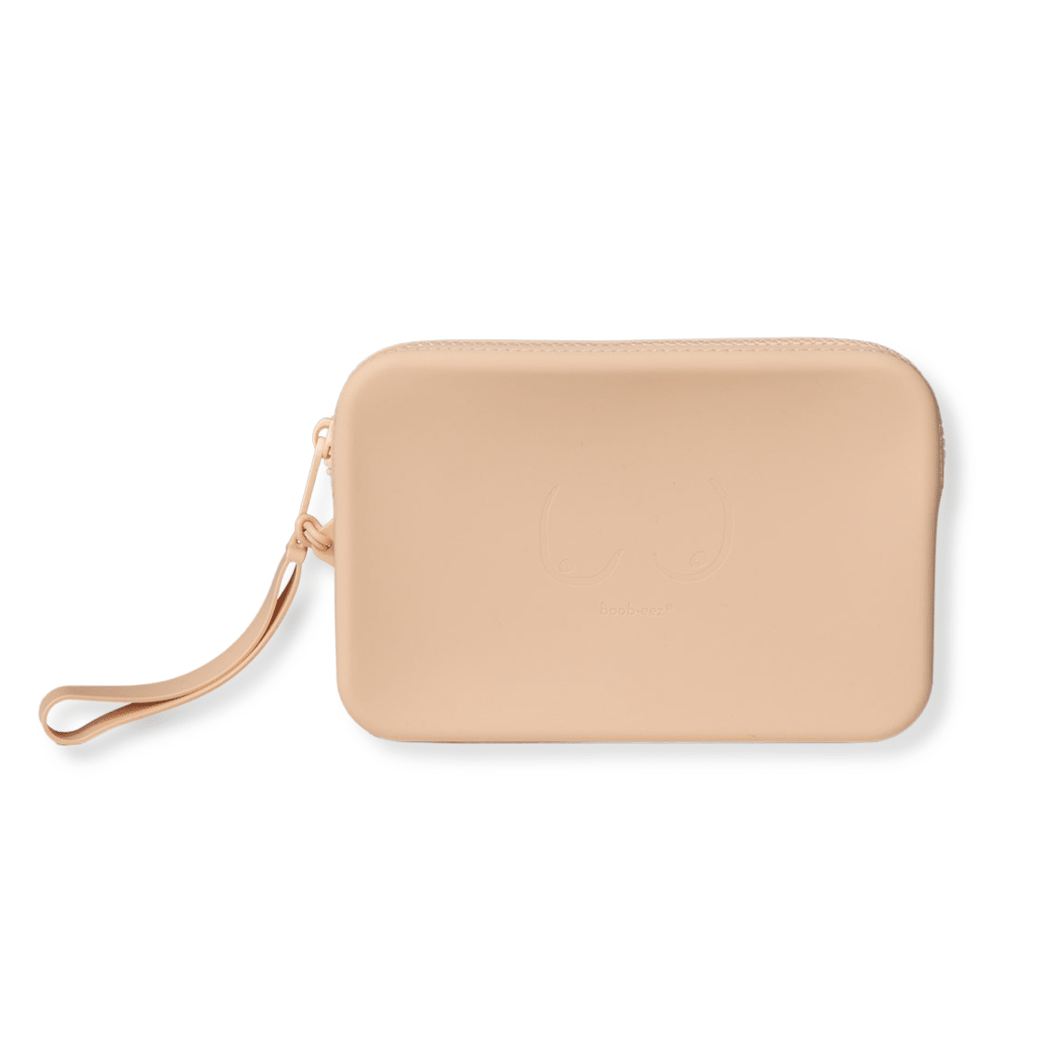 Product shot of our durable Silicone Travel Case for the Silicone Stick-on Bra in Light Nude, close-up shot showing the Boob-eez branded case and removable strap