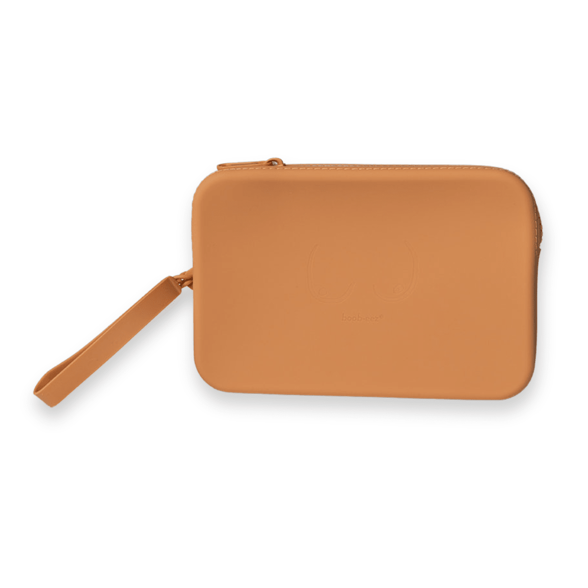 Product shot of our durable Silicone Travel Case for the Silicone Stick-on Bra in Medium Nude, close-up shot showing the Boob-eez branded case and removable strap