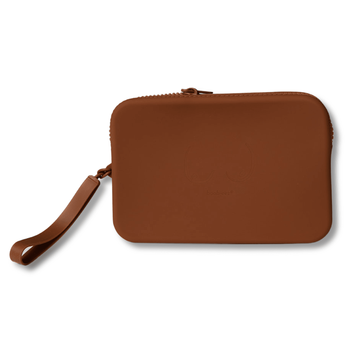 Product shot of our durable Silicone Travel Case for the Silicone Stick-on Bra in Dark Nude, close-up shot showing the Boob-eez branded case and removable strap